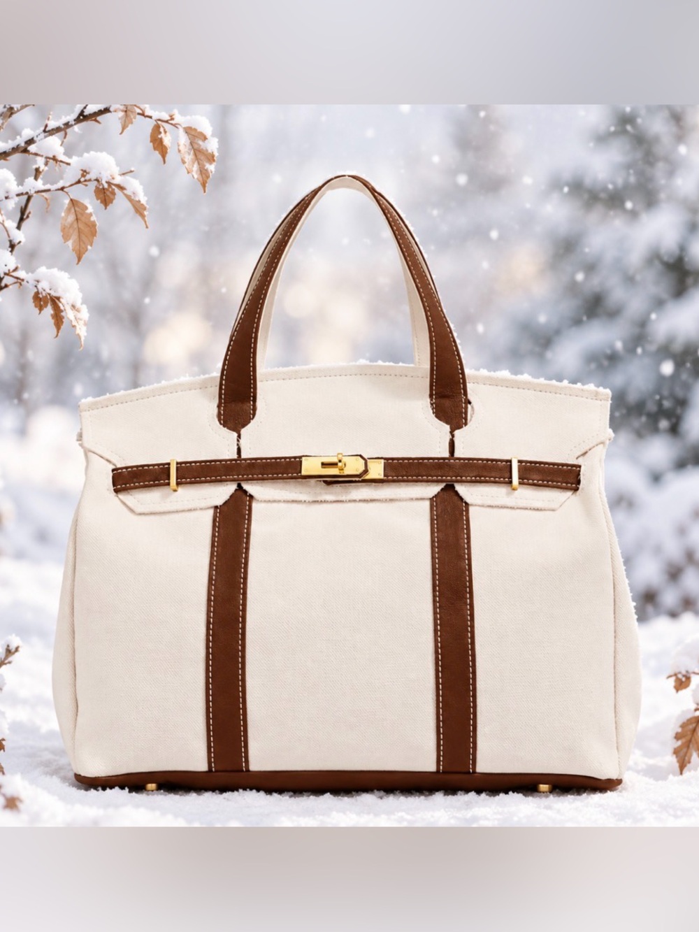 White Canvas Tote with Brown Trim